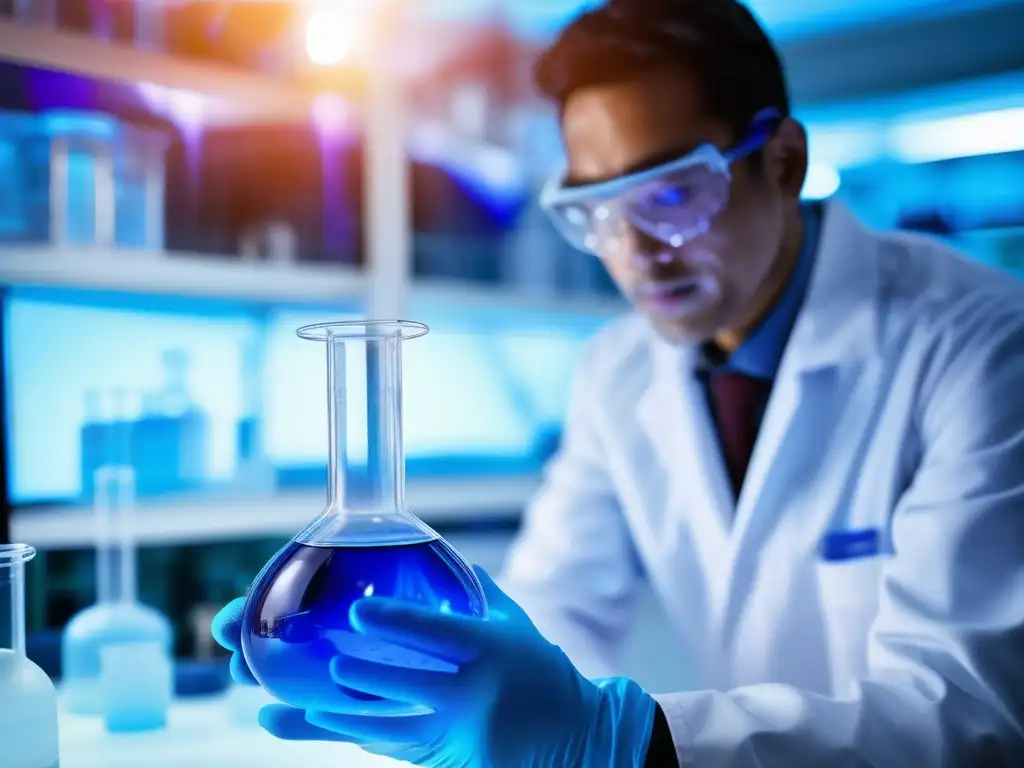 Química para combatir enfermedades mortales: científico experto con flask azul en laboratorio avanzado