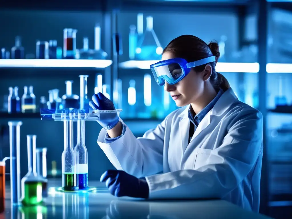 Química moderna: científico en laboratorio con líquido azul y instrumentos