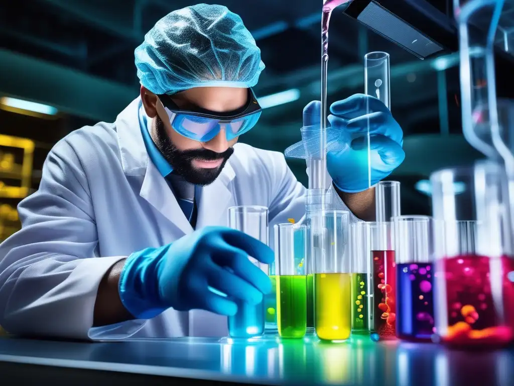 Científico en laboratorio, vertiendo líquidos coloridos en beakers - Rol química impacto mundo moderno