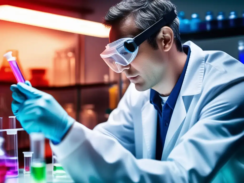 Científico en laboratorio, observando reacción química con determinación y pasión