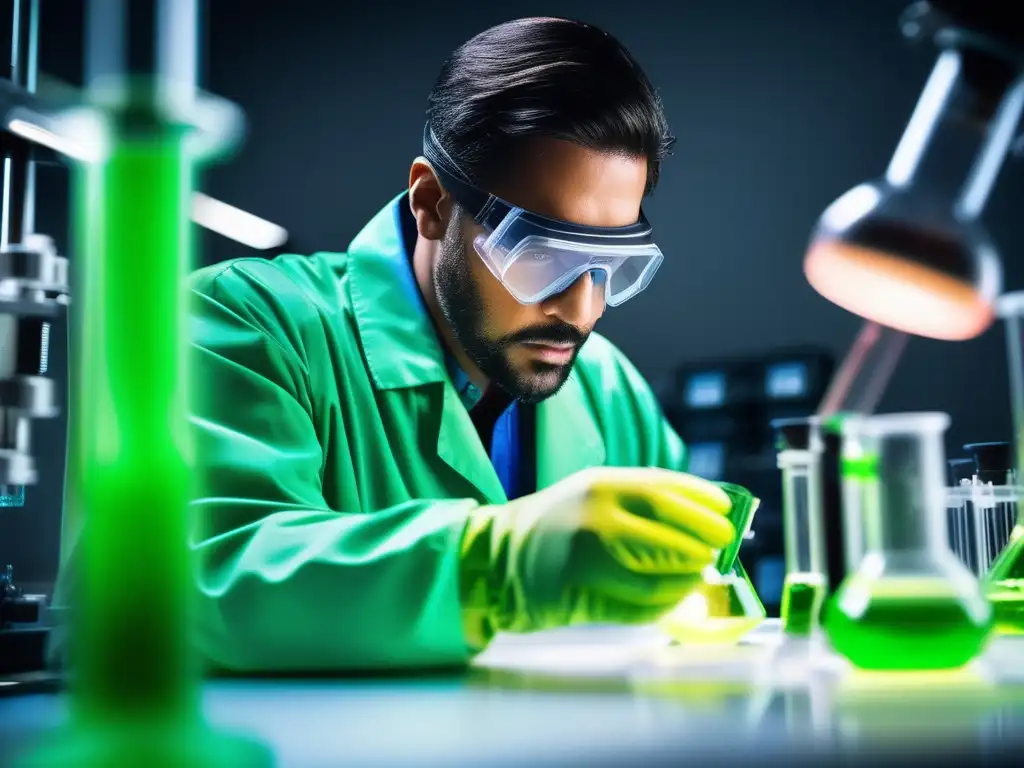 Importancia de la química sustentable: Científico observando prueba con líquido verde en laboratorio