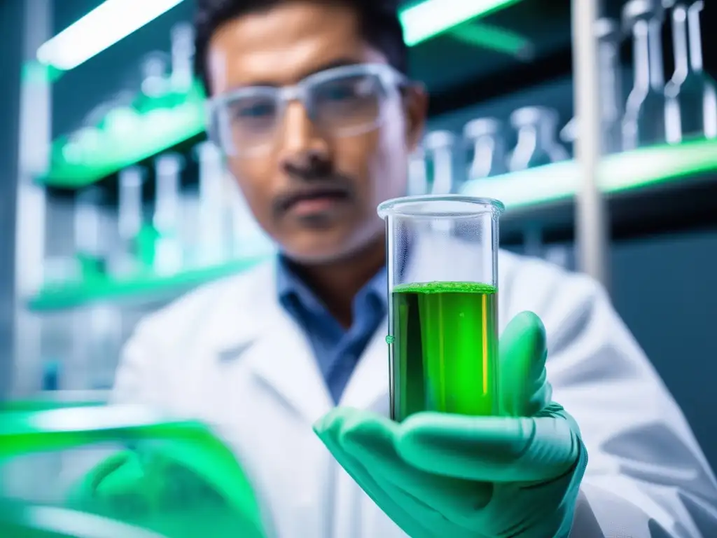 Química verde y futuro industria petroquímica: científico sosteniendo tubo con líquido verde