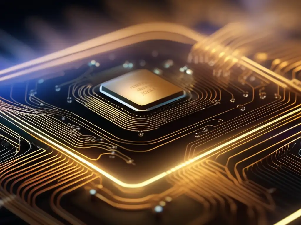 Superconductores en la computación cuántica: Detalles impresionantes de un circuito cuántico superconductor, destacando su red intricada de cables, bucles y uniones