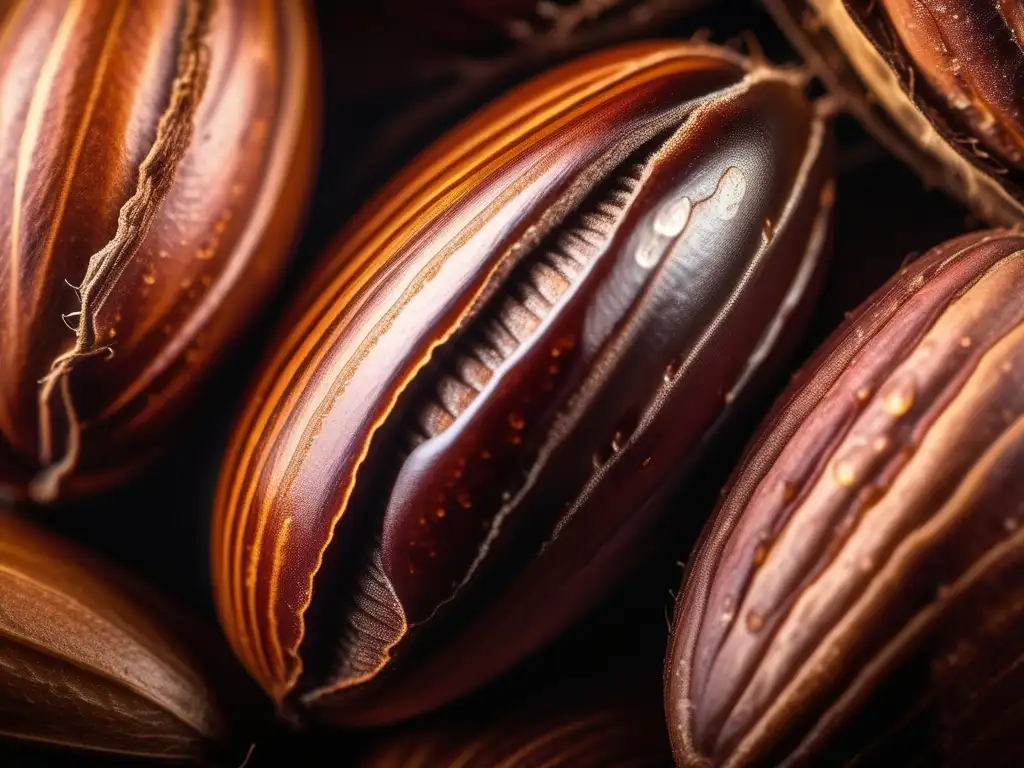 Detalle impresionante de una semilla de cacao, con texturas y patrones intrincados