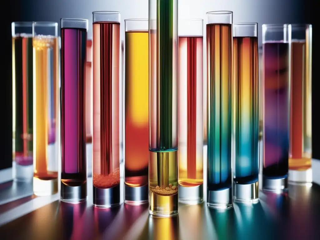 Importancia de la cromatografía casera en química: imagen ultradetallada y fotorealista de una columna de cromatografía de vidrio llena de muestras líquidas coloridas