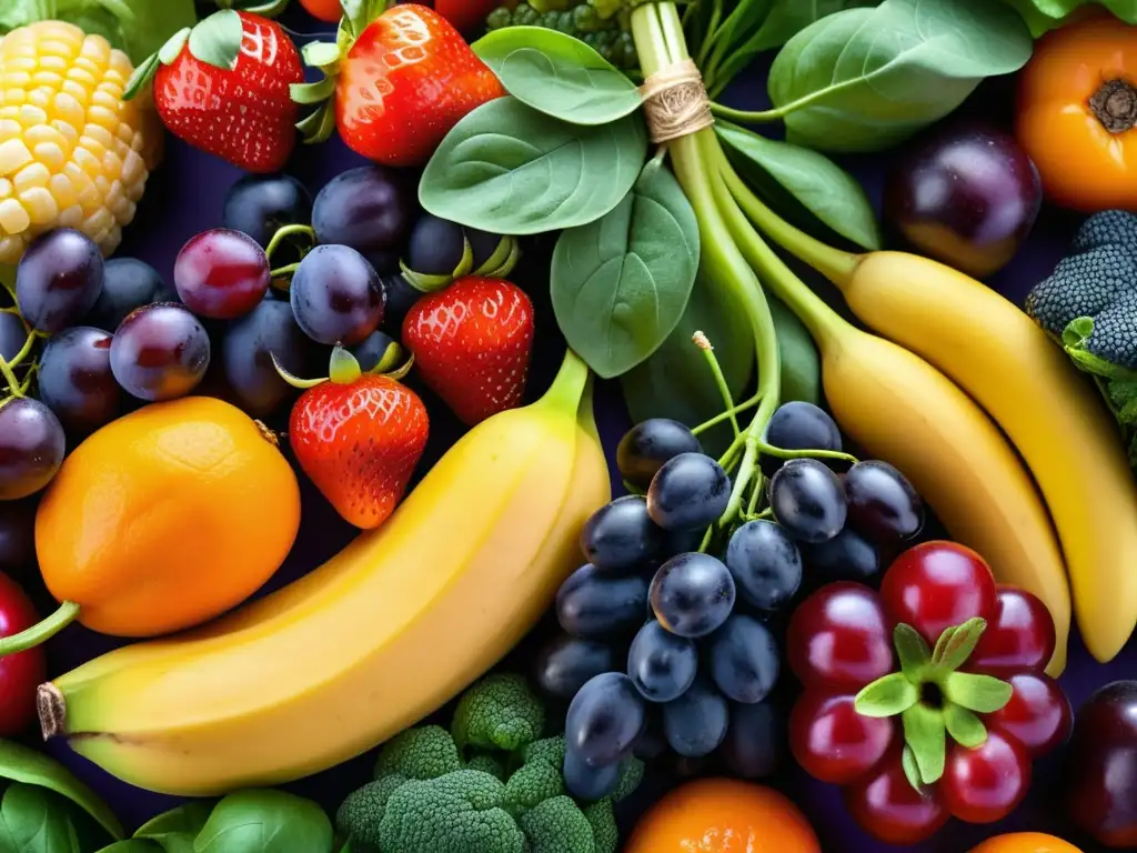 Alimentos funcionales: frutas y verduras frescas y coloridas, con detalles y texturas cautivadoras