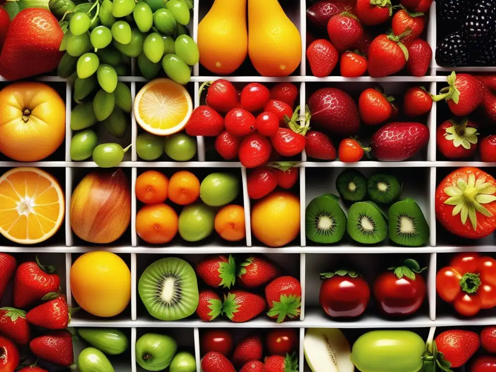 Macro imagen de frutas y verduras coloridas en una composición visualmente impresionante