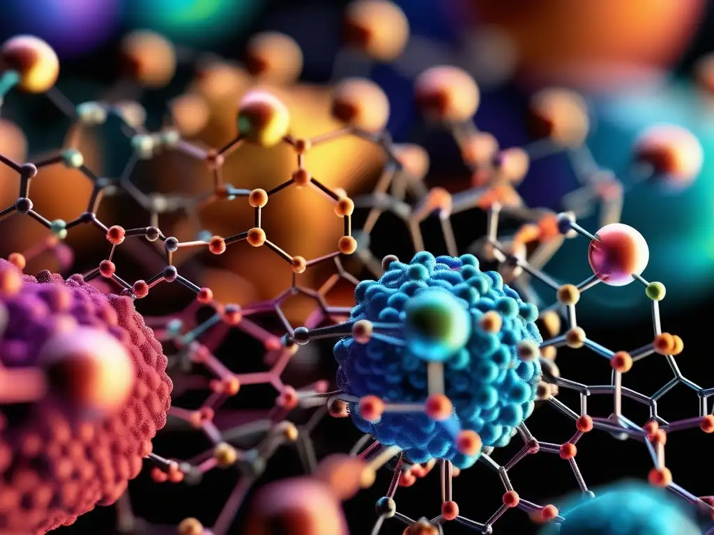 Nomenclatura química orgánica explicada: Estructura compleja y colorida de un compuesto químico con átomos de carbono