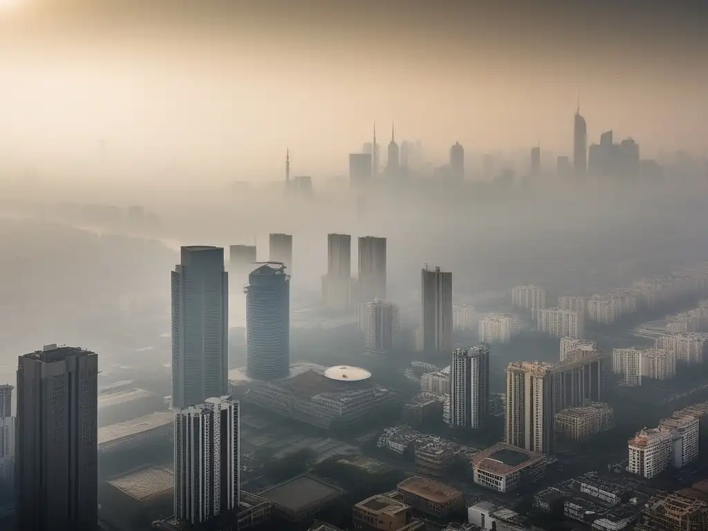 Detalle de química atmosférica en esmog: ciudad envuelta en capa espesa de smog, partículas suspendidas, efectos y causas