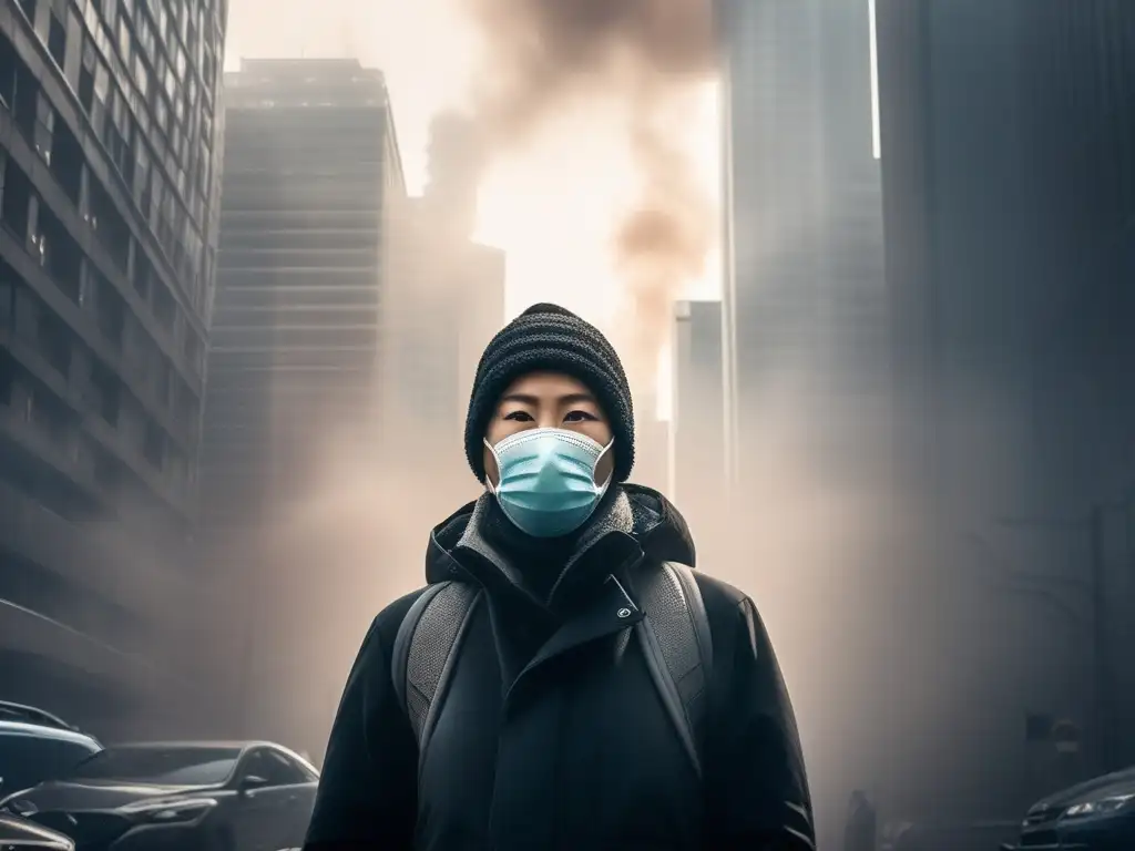 Impacto de la química atmosférica en la salud: persona en entorno urbano con smog y mascarilla, partículas y expresión facial visibles