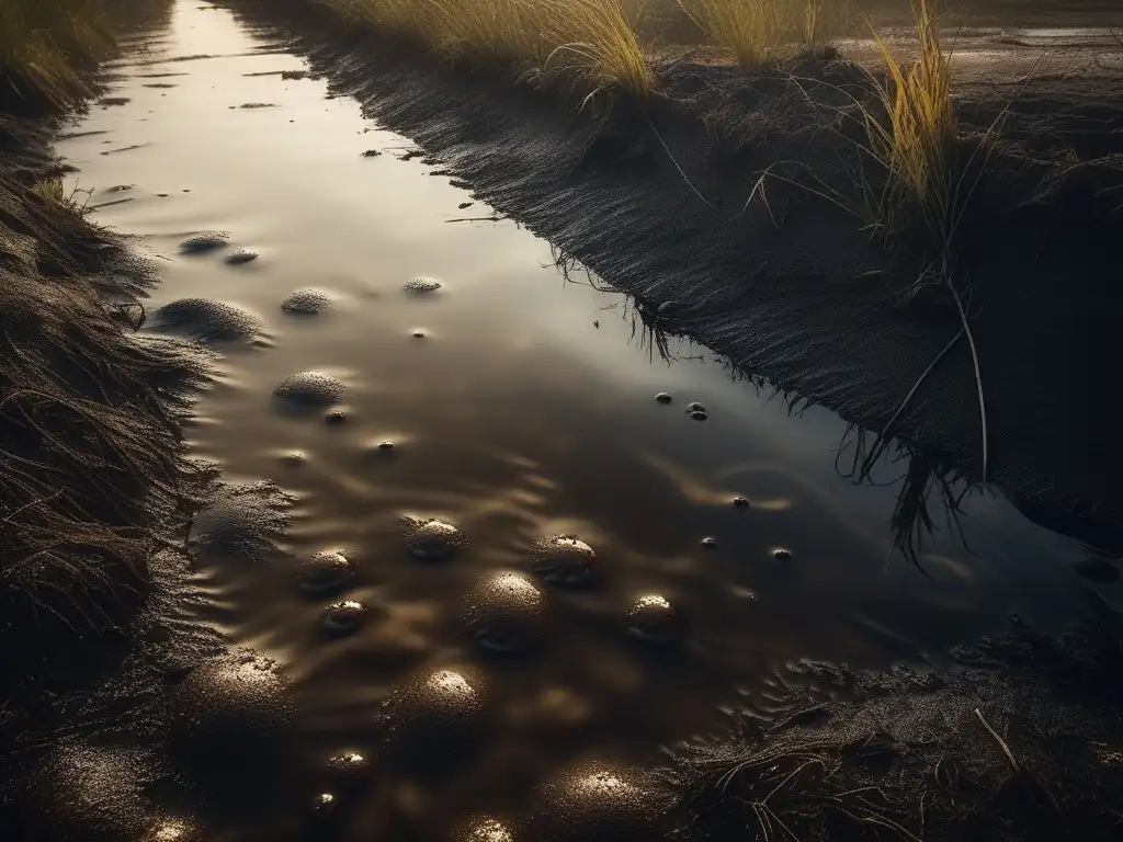 Impacto ambiental Alcanos estudio revelador - Río contaminado con agua oscura y turbia, suelo contaminado y vegetación muerta