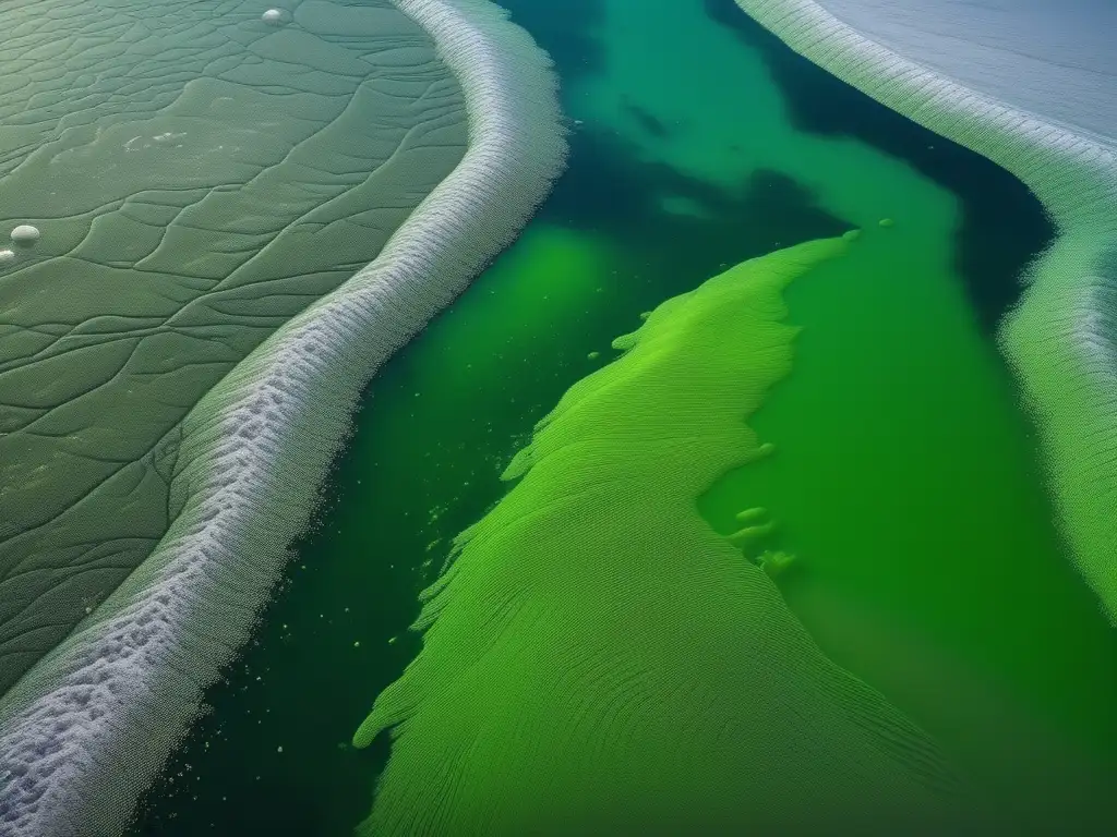 Impacto ambiental de cosméticos petroquímicos: Río contaminado con agua verde, espuma y microplásticos