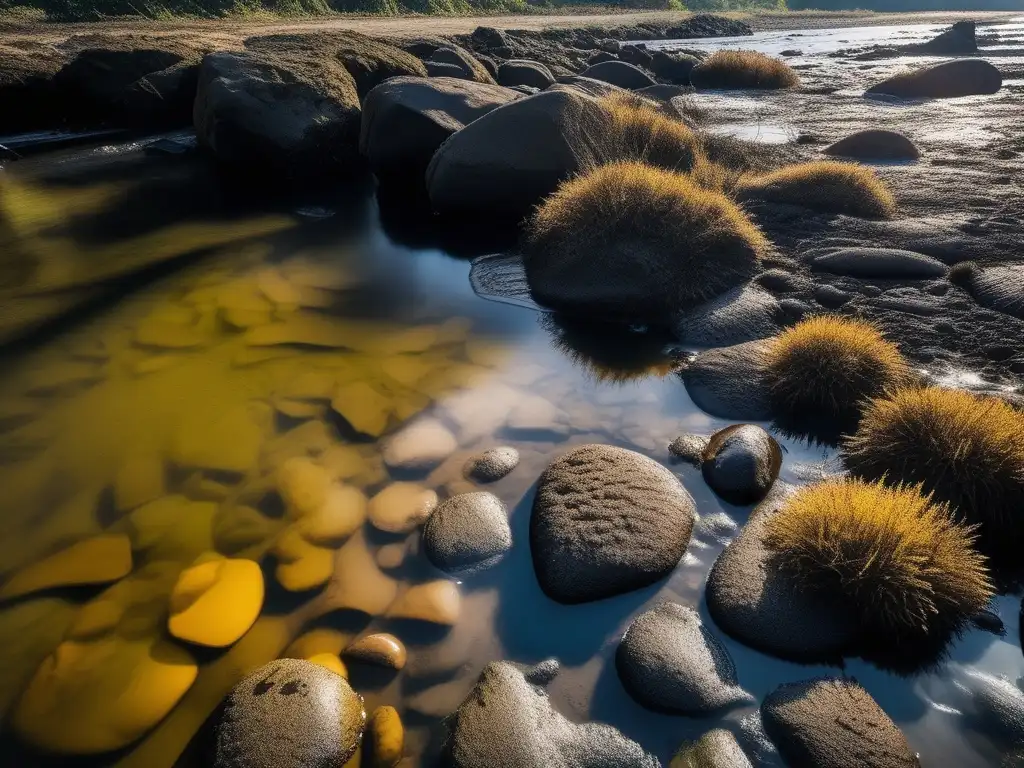 Impactos ambientales de la petroquímica: río contaminado por industria petroquímica, agua turbia con residuos químicos, desechos y slicks de petróleo