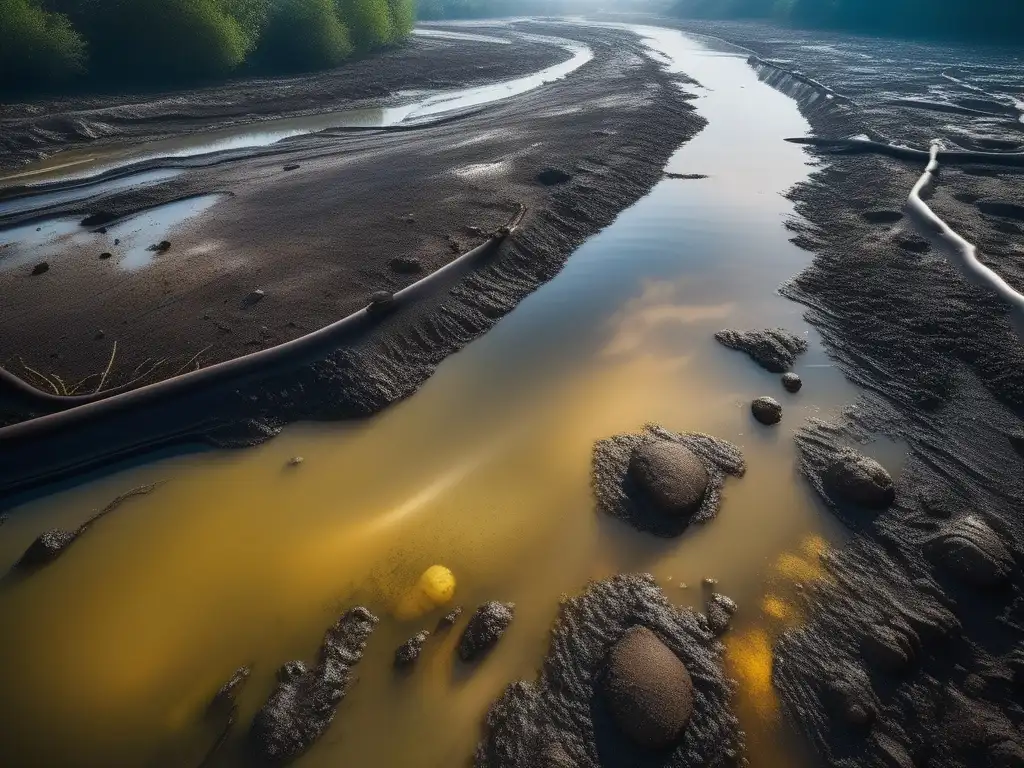 Impacto ambiental petroquímica: río contaminado, deslumbrante imagen macro con colores vibrantes y organismos microscópicos luchando por sobrevivir