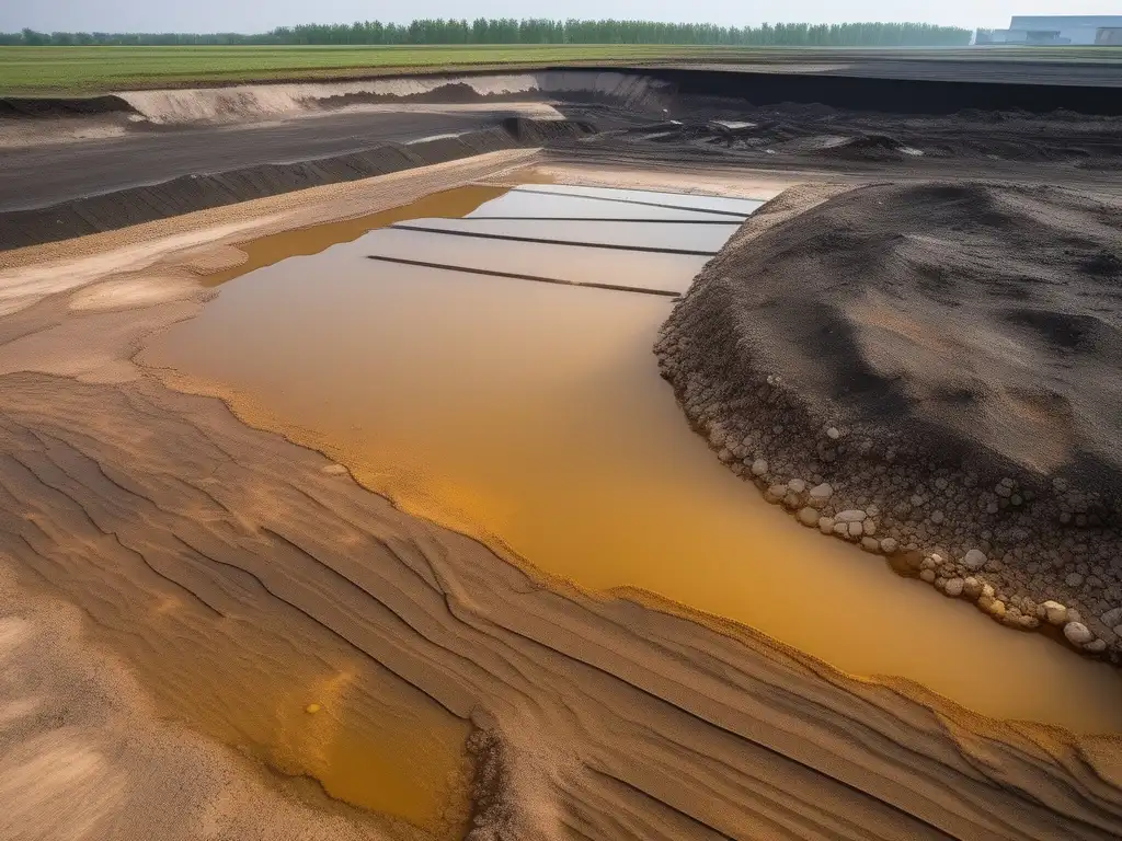 Impacto ácidos bases industria petroquímica: suelo contaminado, agua turbia y desgaste medioambiental