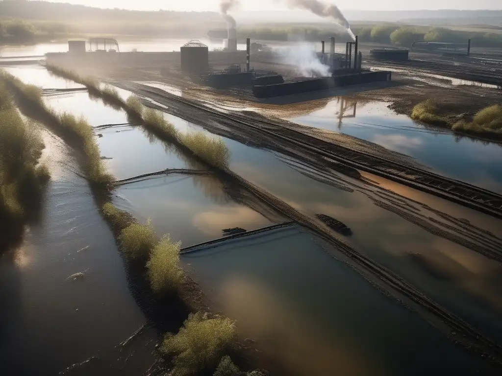 Impacto de procesos químicos en la vida diaria: río contaminado con desechos tóxicos y apariencia turbia