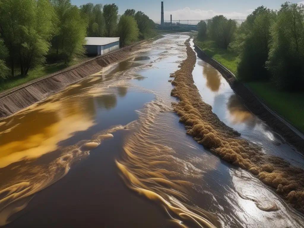 Impactos de la Tabla Periódica: Río contaminado por desechos químicos, resalta la importancia del reciclaje químico y la conservación ambiental