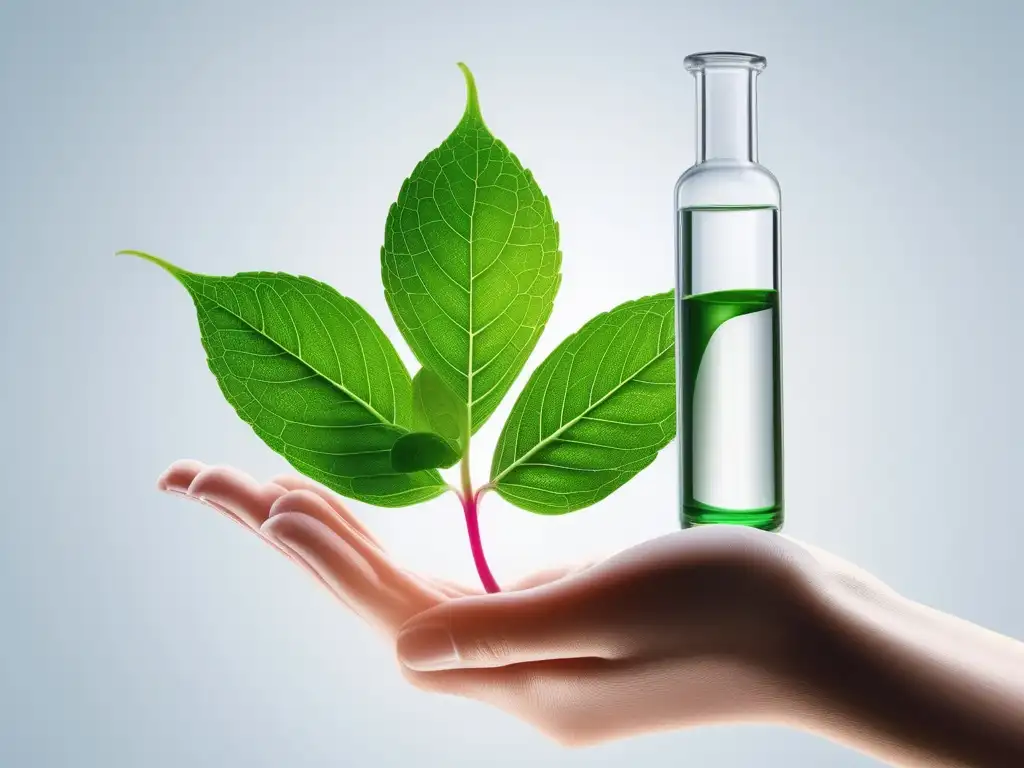 Riesgos cosméticos: mano sostiene hoja verde y vial químico, contraste natural vs