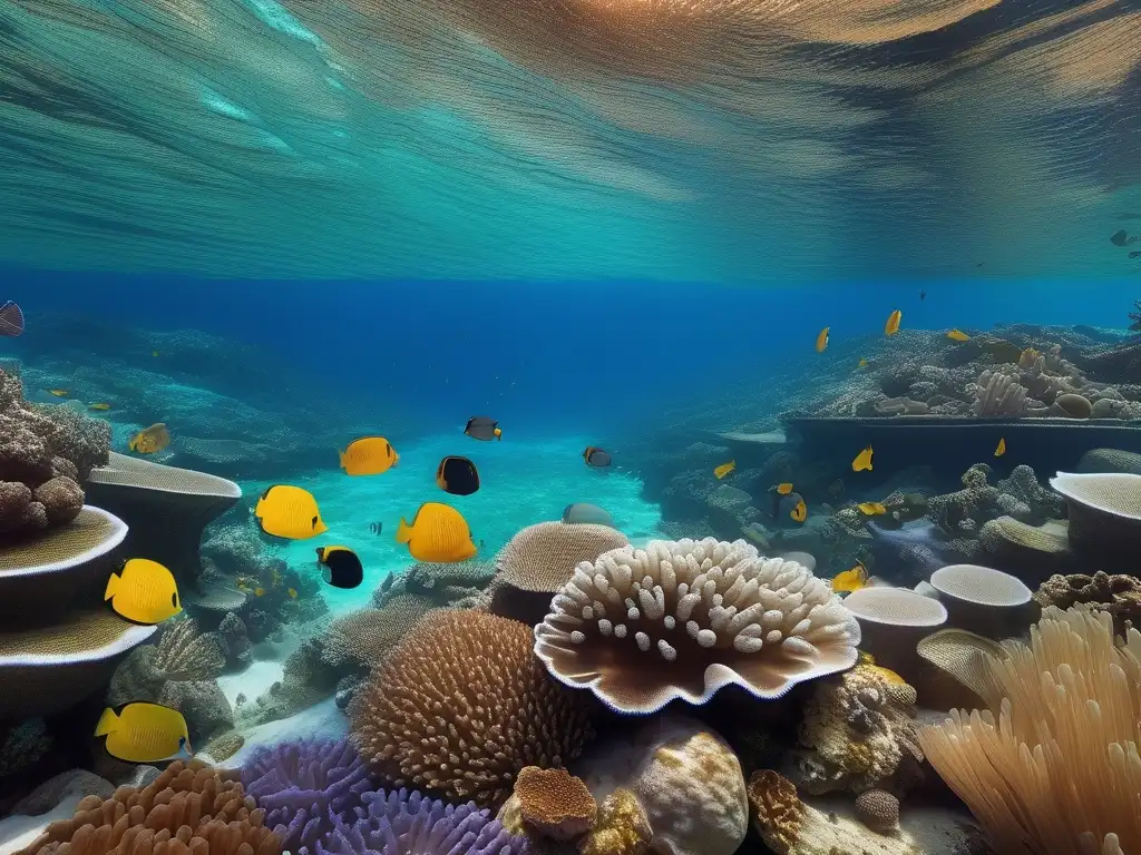 Un impresionante arrecife de coral teñido de colores, reflejando la belleza y los impactos de los gases de efecto invernadero en el ecosistema marino