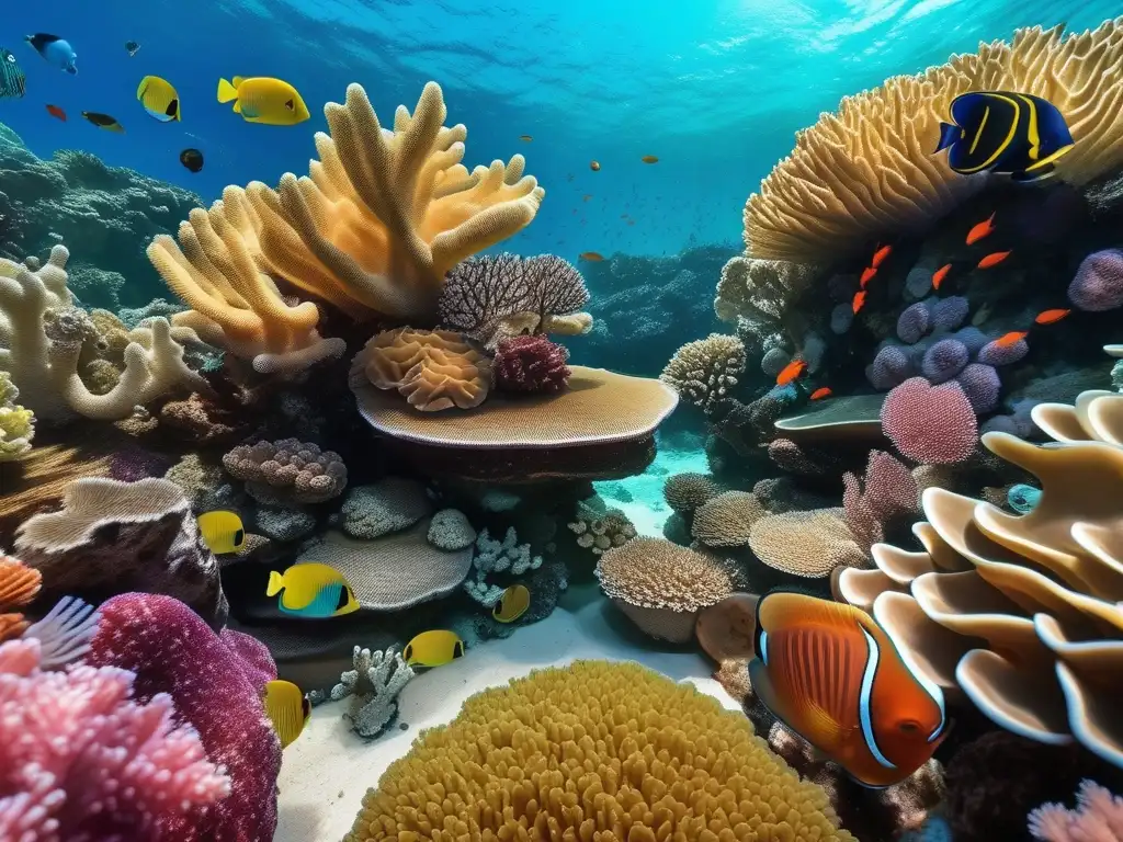 Impacto cosméticos en ecosistemas marinos: Detalle coral vibrante y vida marina en arrecife turquesa cristalina