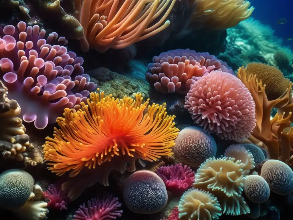 Impacto de cosméticos en ecosistemas marinos: arrecife de coral con organismos vibrantes y microplásticos