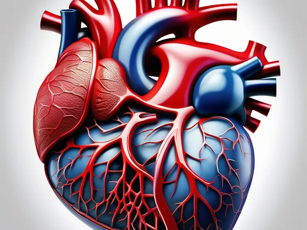 Impacto medicamentos tóxicos salud: corazón detallado, realista, macro, anatomía cardiovascular, venas, arterias, red compleja, texturas, profundidad