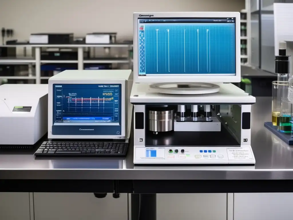 Herramientas en laboratorio químico: cromatógrafo de gas detallado con componentes y equipo de laboratorio