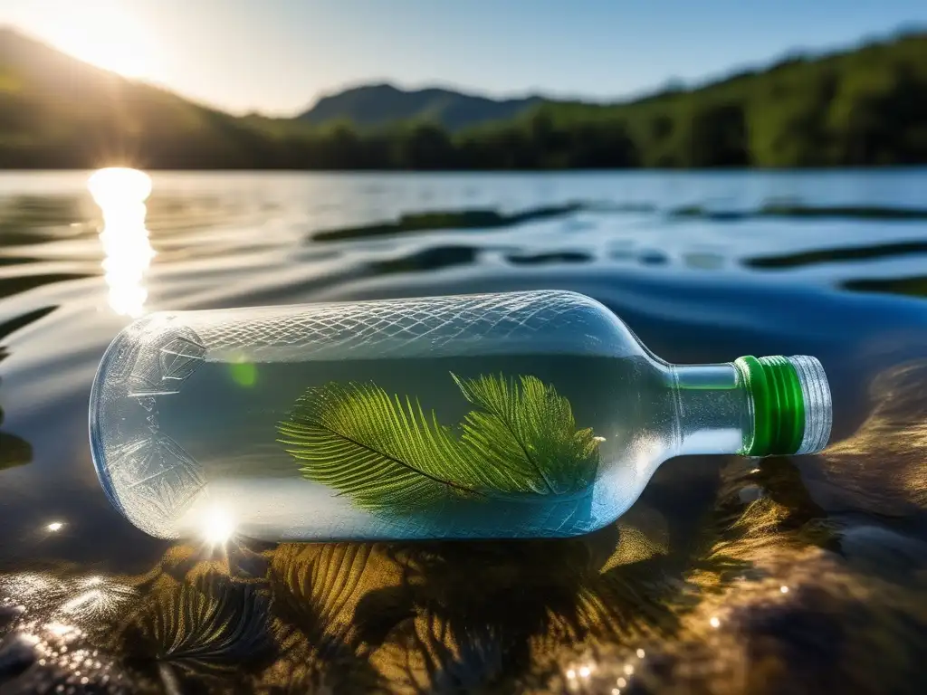 Impacto de sustancias petroquímicas en la naturaleza: botella de agua degradándose en lago cristalino rodeado de paisaje vibrante