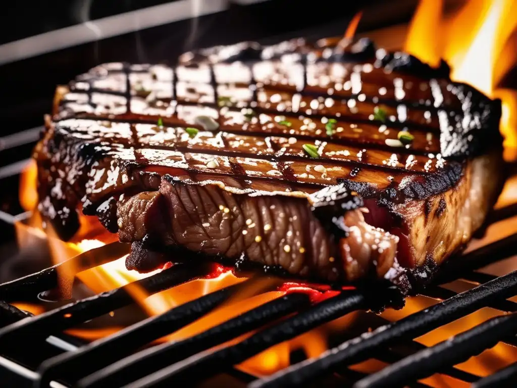 Mitos y verdades sobre la química alimentaria: Un jugoso filete dorado en la parrilla, con marcas de grill y grasita chisporroteante