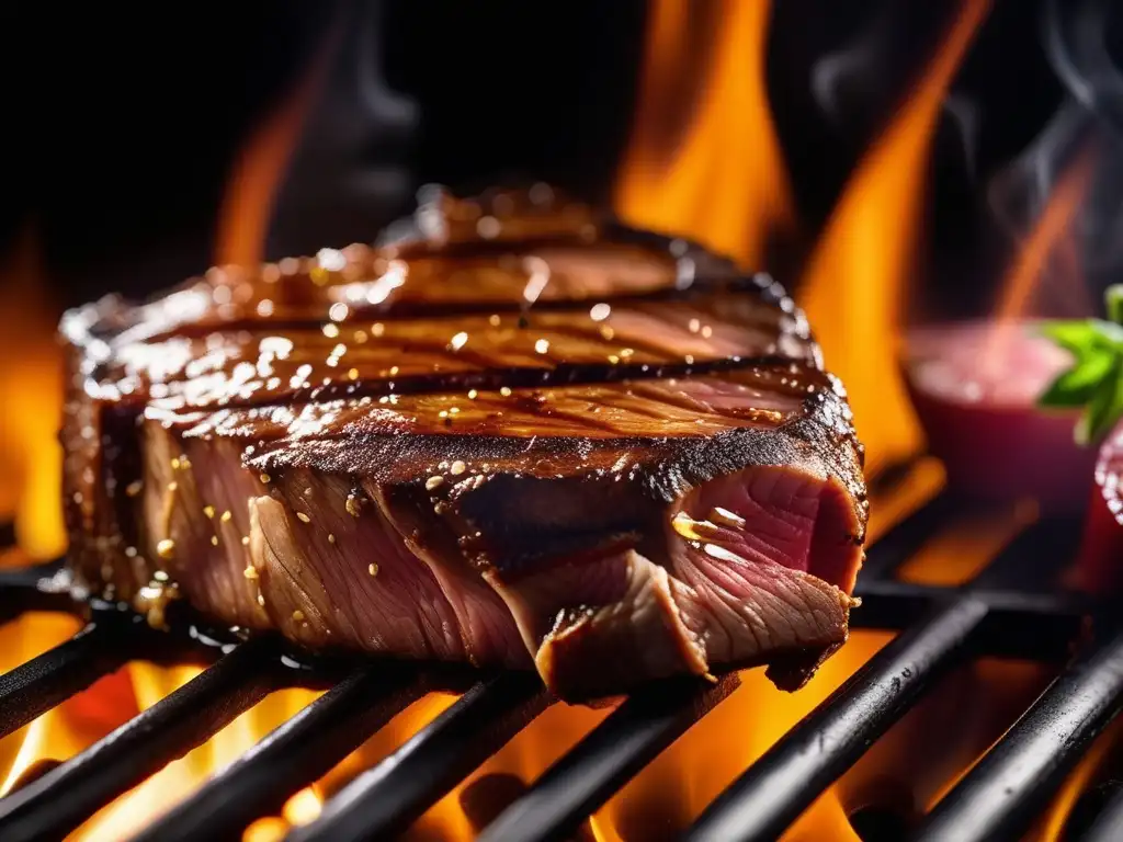 Impacto de la Maillardización en la gastronomía: Detallada imagen de un suculento filete sellado a la perfección en una parrilla caliente, resaltando la caramelización y dorado producto de la reacción de Maillard