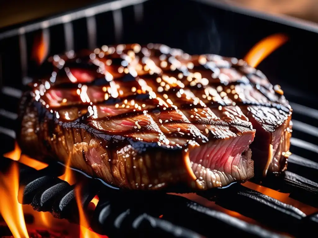 Transformación química de materias primas culinarias: steak perfectamente sellado y caramelizado en parrilla