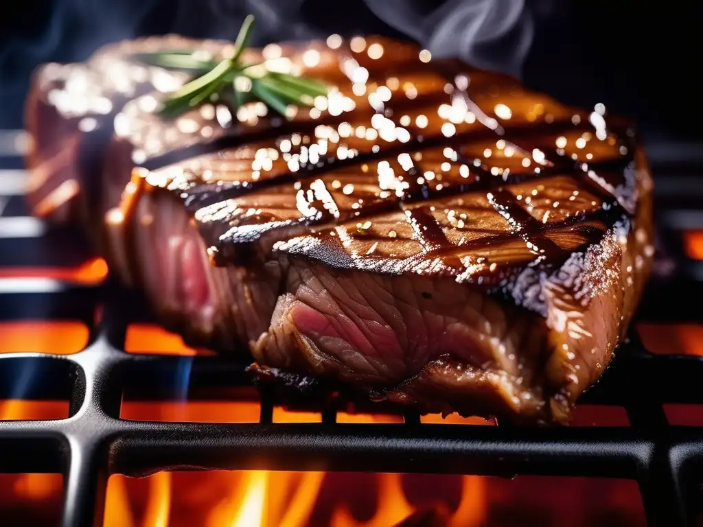 Detalle de un suculento filete a la parrilla, con marcas doradas y textura intensa, revelando la química en la cocina: secretos y curiosidades