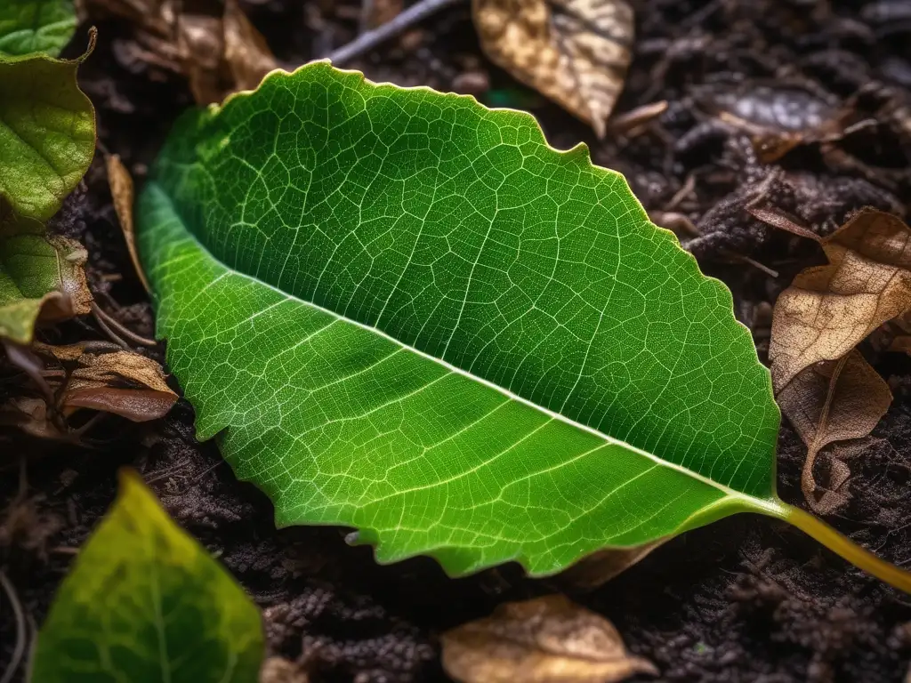 Hoja verde en descomposición en el suelo del bosque, resaltando la importancia de los polímeros biodegradables en la preservación del medio ambiente