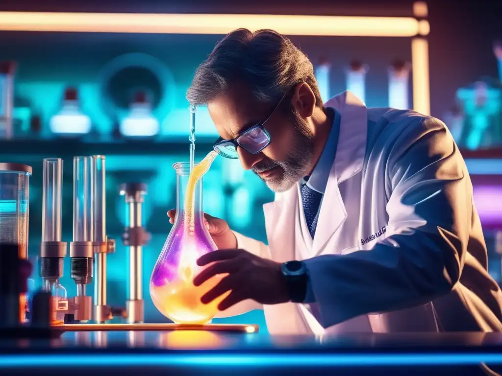 Científico en bata vertiendo líquido brillante en vial, destacando el poder de la química en el tratamiento de enfermedades raras