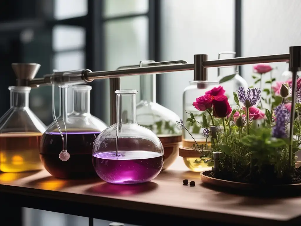 Procesos químicos en perfumes modernos: destilación de esencias de plantas en un laboratorio