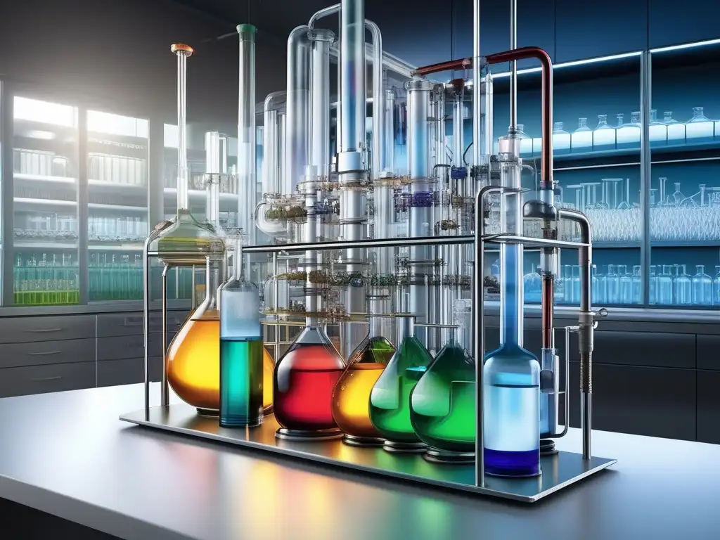 Oportunidades en química: Aparato de destilación de vidrio con líquidos coloridos