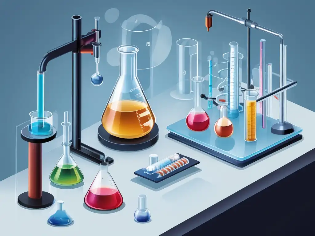 Imagen detallada de un montaje de laboratorio con titulación química