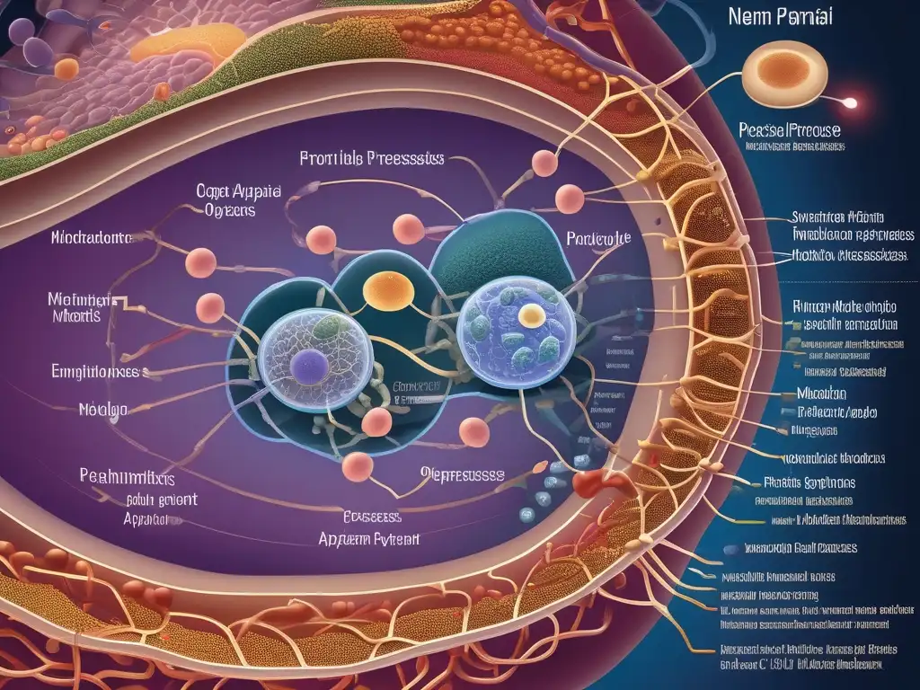 Importancia rutas metabólicas salud: célula humana detallada con organelos y redes metabólicas