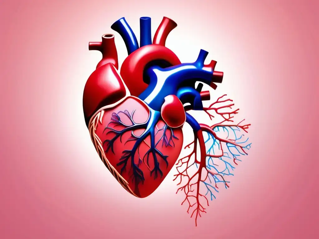 Detalle asombroso de red vascular en corazón humano, resaltando importancia de química en medicamentos cardiacos