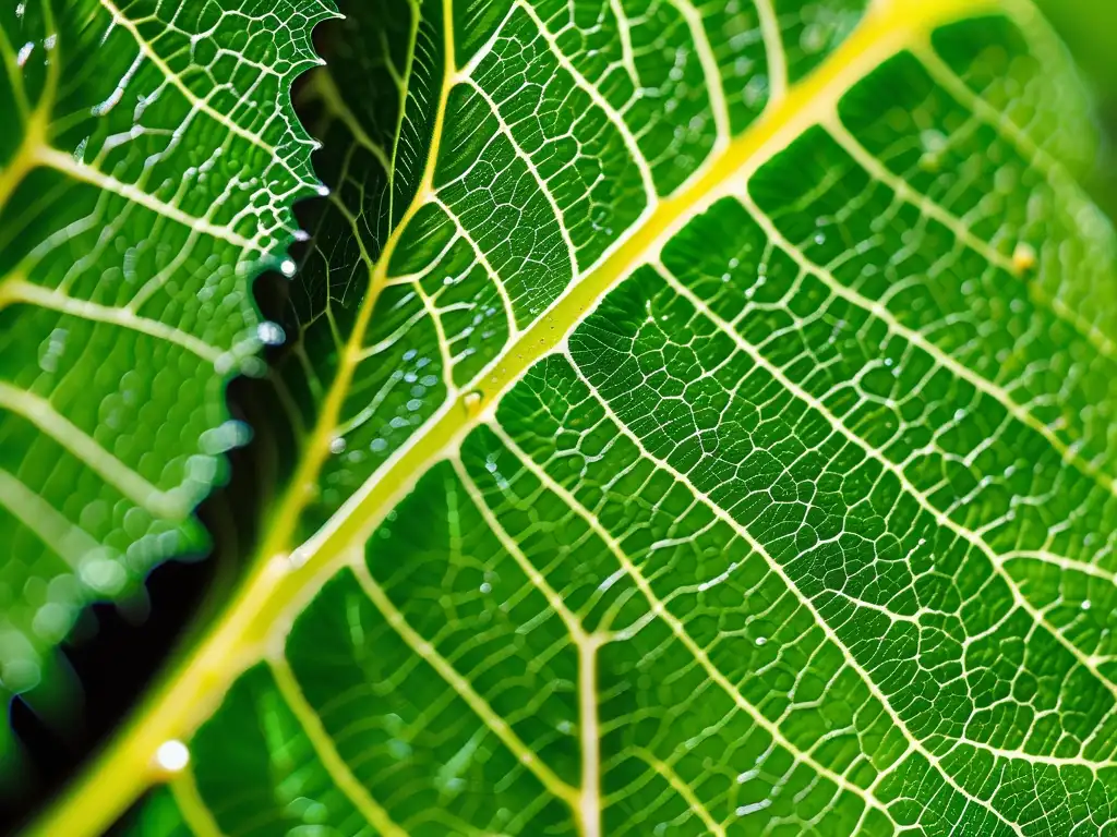 Hoja verde con patrones y texturas, destacando venas y gotas de agua