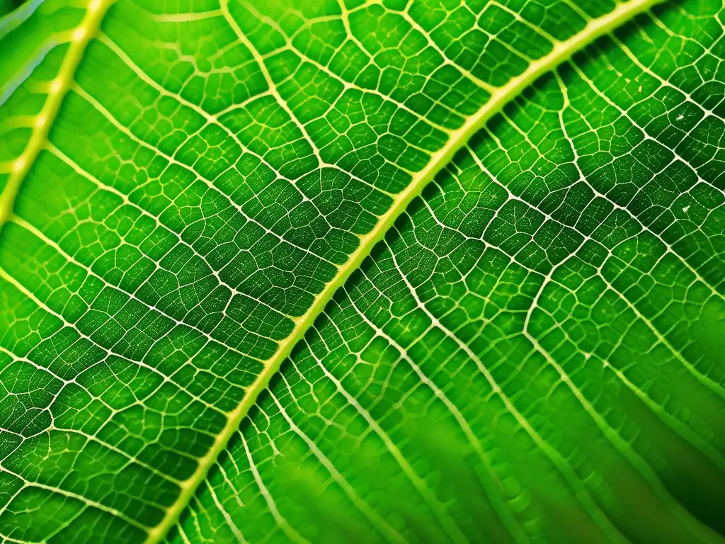 Detalle de hoja verde vibrante, con compleja estructura de venas y patrones únicos