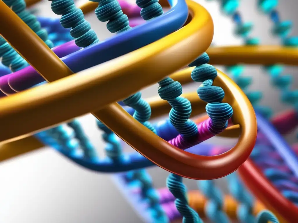 Importancia de los ácidos nucleicos: Detalle impresionante de la doble hélice de ADN, con colores vibrantes y estructura en forma de escalera