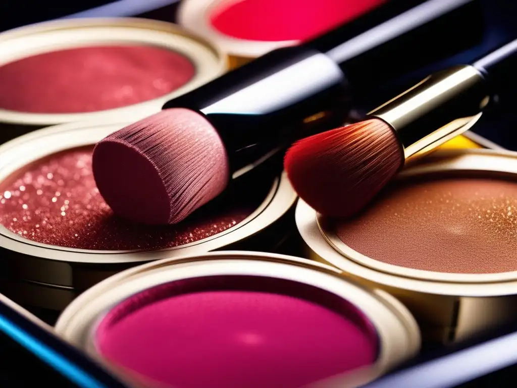 Impacto ambiental de los cosméticos: Detalle vibrante de productos de maquillaje, colores, texturas y aplicación precisa