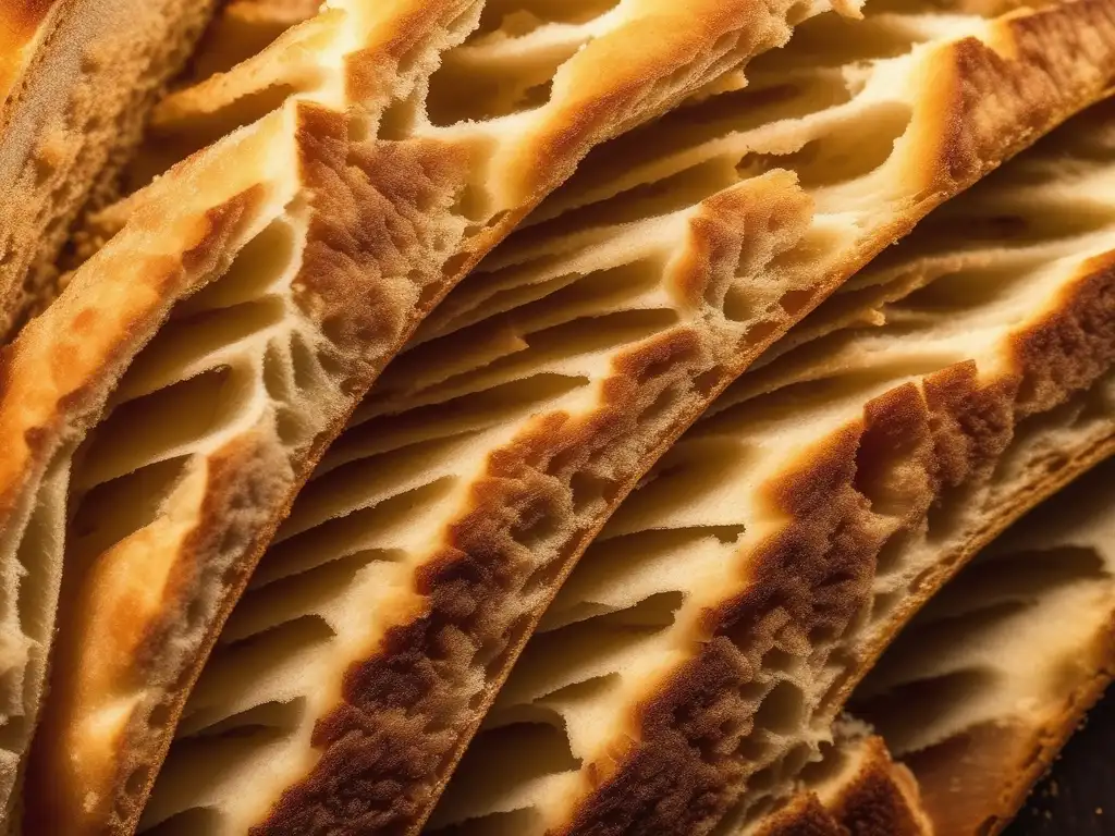 Detalle de pan de masa madre recién horneado, con textura irregular, corteza dorada y proceso químico de fermentación