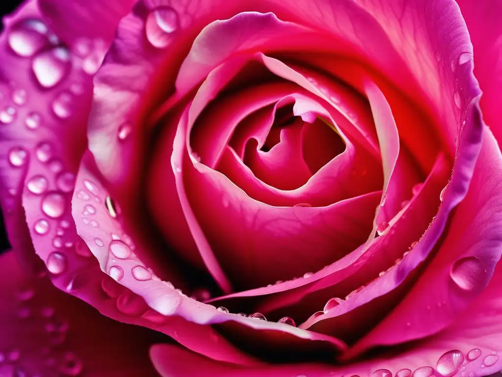 Detalle de pétalo de rosa rosa, con texturas de terciopelo y gotas de rocío