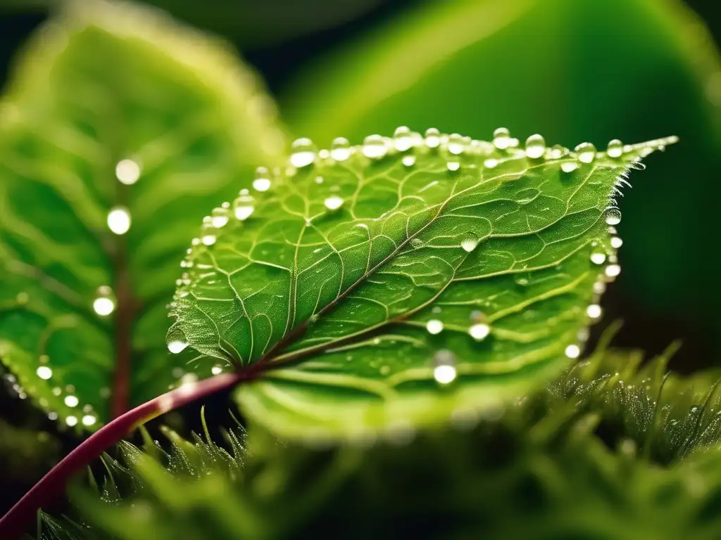 Hoja verde con gotas de agua y química verde en cambio climático