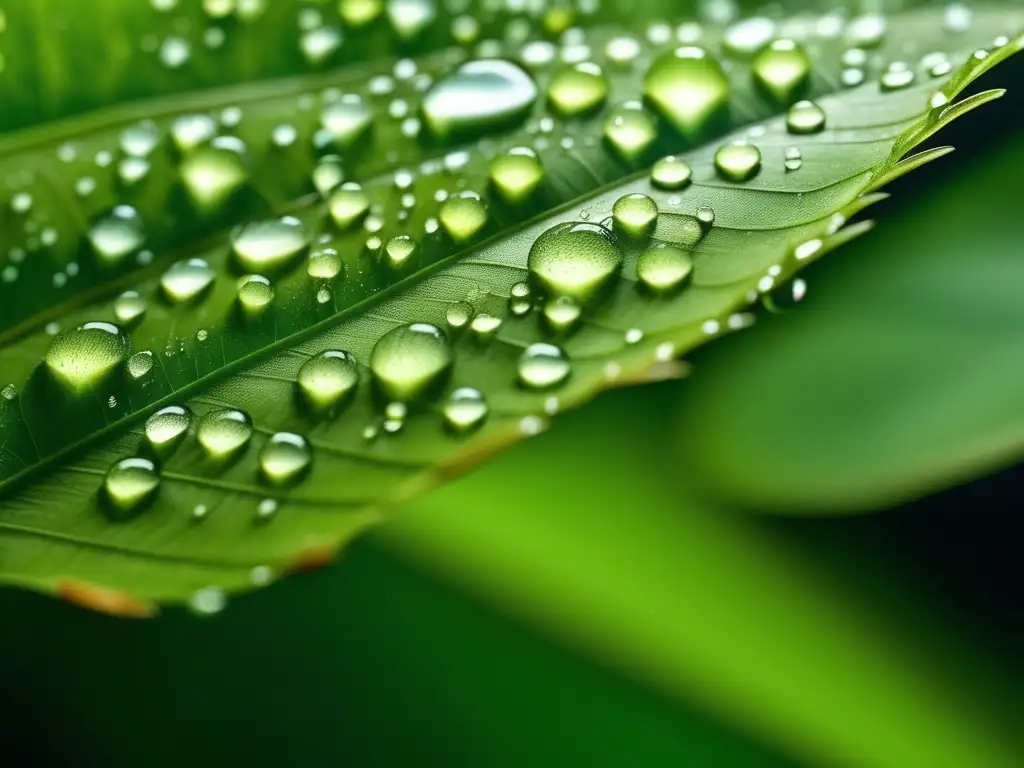 Macro imagen hoja verde con gotas de agua: Impactos gases efecto invernadero