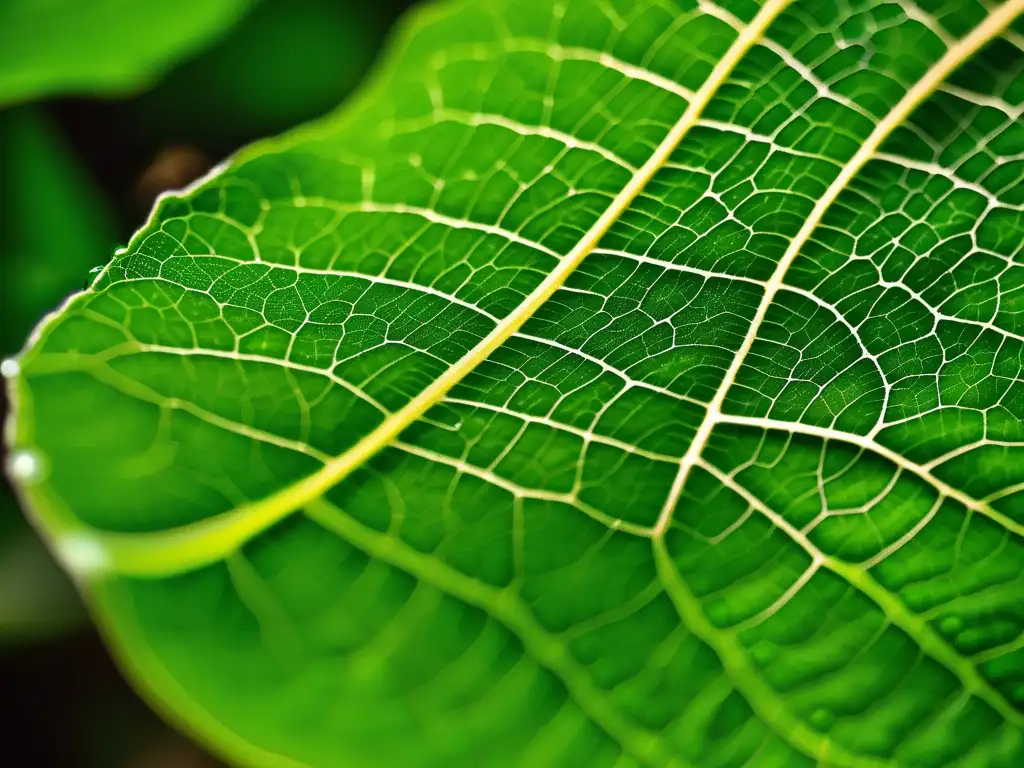 Importancia de la química verde: Detalle preciso de una hoja verde con venas y gotas de agua