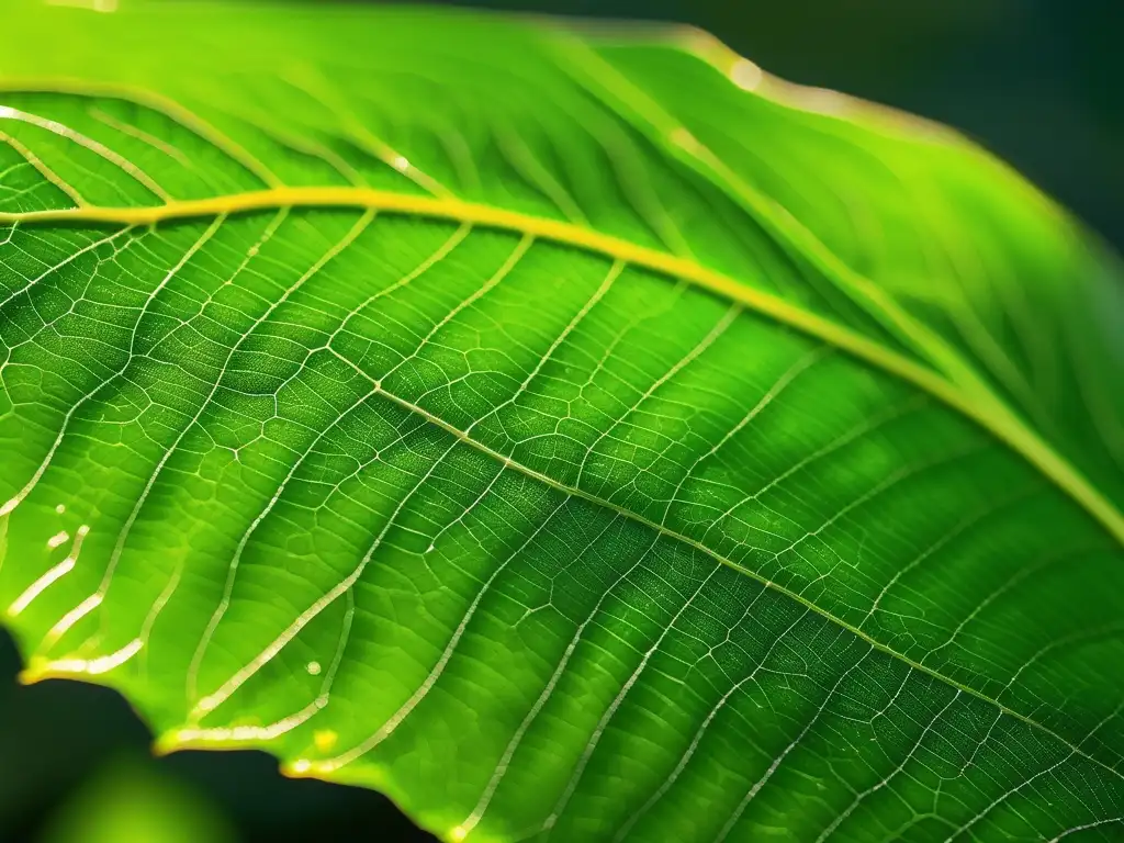 Tendencias producción polímeros modernos: Detalle fascinante de una hoja verde, con luz y agua resaltando su textura y sostenibilidad