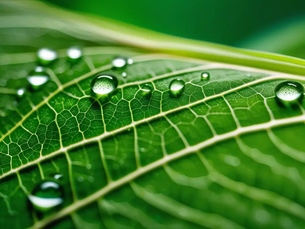 Hoja verde con venas y gotas de agua, resalta importancia de descubrimientos químicos sostenibles para el futuro